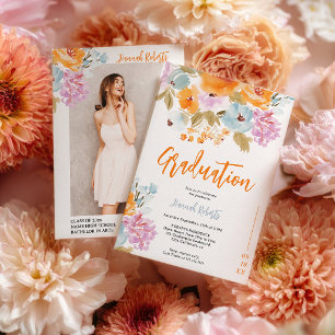 Invitation Photo Orange Violet Floral Boho diplômé