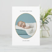 Invitation Photo ovale d'or Baptême pour bébé noir et blanc (Debout devant)