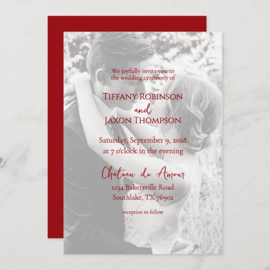 Invitation Photo Overlay Lovely Red Text Minimalist Wedding (Devant / Derrière)