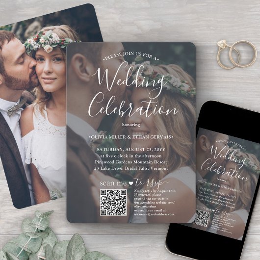 Invitation Photo Overlay QR Code RSVP Mariage de script blanc