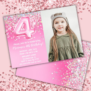 Invitation Photo Pailleté Rose 4ème Anniversaire