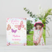 Invitation photo papillon aquarelle rose (Debout devant)