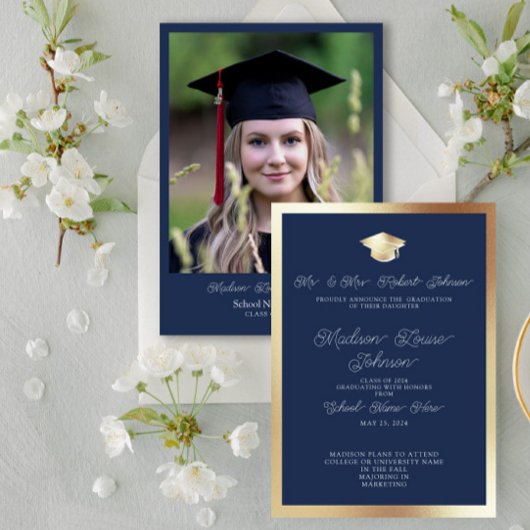 Invitation Photo Parents Navy Bleu & Gold Graduation