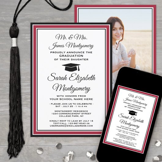 Invitation Photo & Parents Noms Red Black & White Graduation