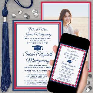 Invitation Photo & Parents Noms Rouge Blanc & Bleu Graduation
