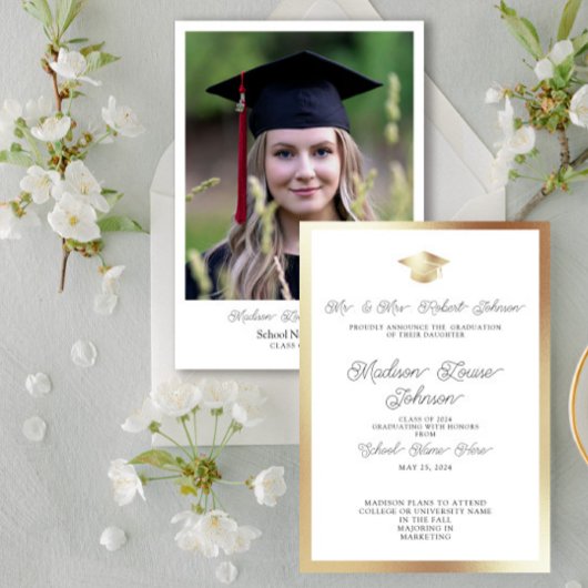 Invitation Photo Parents White Black & Gold Graduation