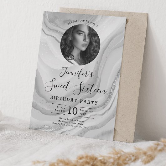 Invitation PHOTO Parties scintillant en marbre argenté Sweet 
