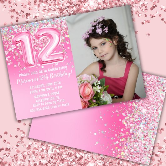 Invitation Photo Parties scintillant rose 12e anniversaire