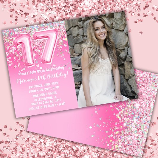 Invitation Photo Parties scintillant rose 17e anniversaire