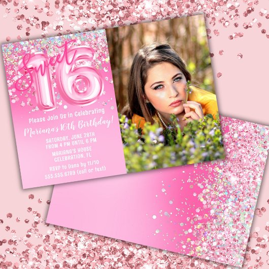 Invitation Photo Parties scintillant rose douce 16e anniversa