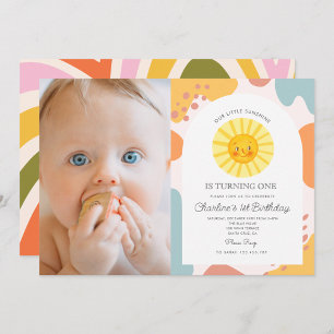 Invitation Photo Pastel Cute Sun Retro Wavy 1er anniversaire