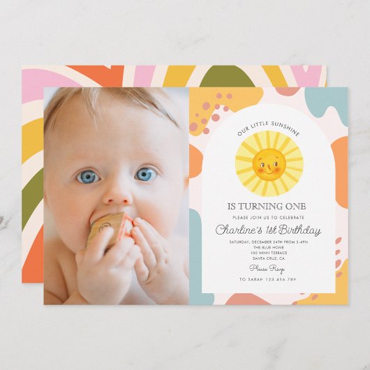 Invitation Photo Pastel Cute Sun Retro Wavy 1er anniversaire