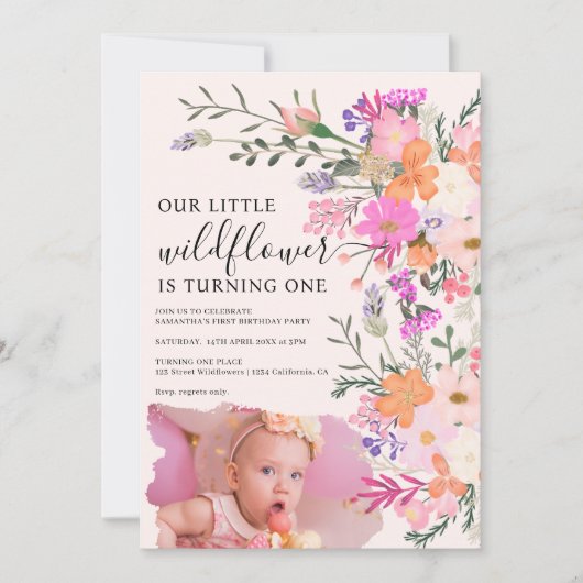Invitation Photo pastel fleur sauvage printemps 1er anniversa (Devant)