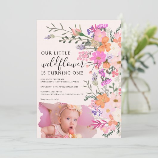 Invitation Photo pastel fleur sauvage printemps 1er anniversa (Debout devant)