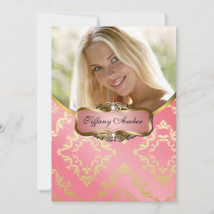 Invitation photo Peach and Gold Damask