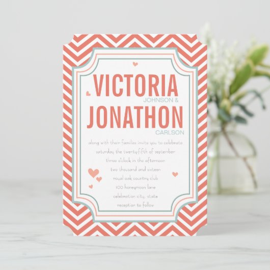 Invitation Photo Peach et Mint Zig Zag Mariage de typographie (Debout devant)
