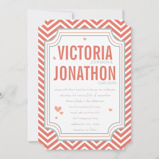 Invitation Photo Peach et Mint Zig Zag Mariage de typographie (Devant)