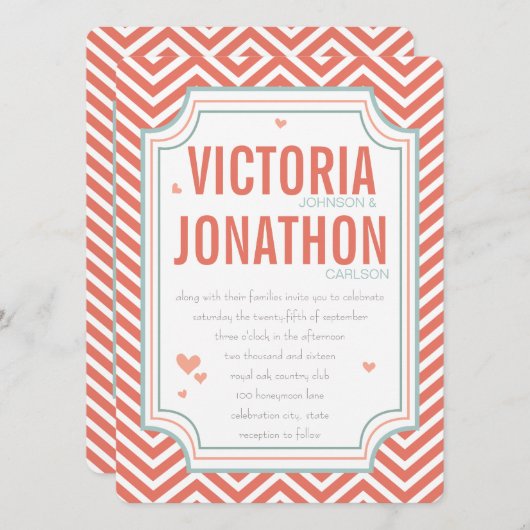 Invitation Photo Peach et Mint Zig Zag Mariage de typographie (Devant / Derrière)