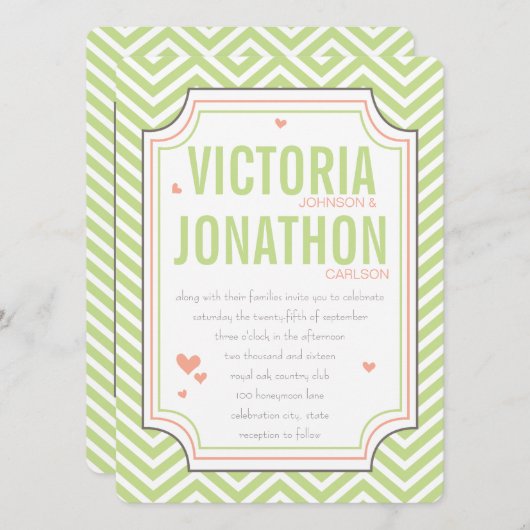 Invitation Photo Peach Lime Zig Zag Mariage de typographie (Devant / Derrière)