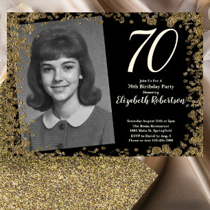 Invitation Photo personnalisé 70 ans Noir et Sequins Dorés