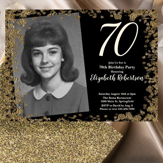 Invitation Photo personnalisé 70 ans Noir et Sequins Dorés