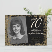 Invitation Photo personnalisé 70 ans Noir et Sequins Dorés (Debout devant)