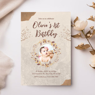 Invitation Photo personnalisée 1er anniversaire Brown