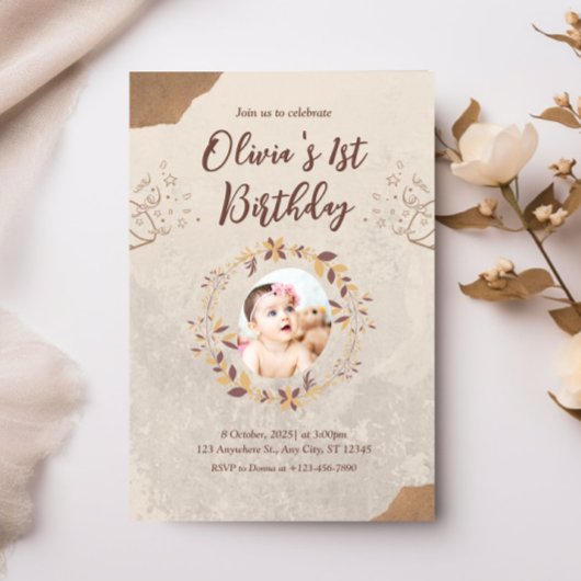 Invitation Photo personnalisée 1er anniversaire Brown