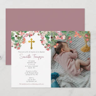 Invitation Photo personnalisée Aquarelle Rose Jardin Fille Ba