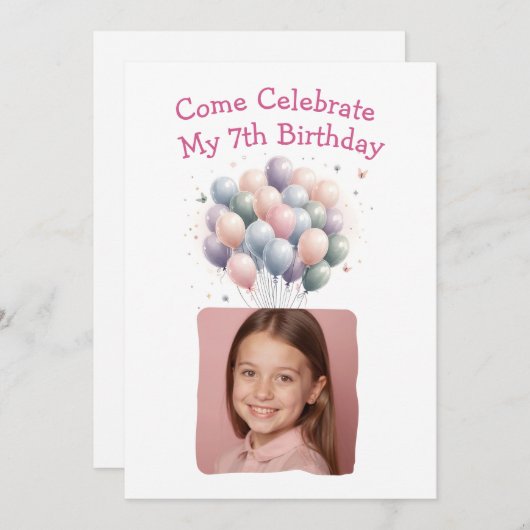 Invitation Photo personnalisée Ballons d'anniversaire 7e (Devant / Derrière)