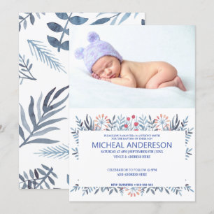 Invitation Photo personnalisée Baptême floral bleu