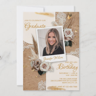 Invitation Photo personnalisée Beige Bohème Anniversaire Dipl
