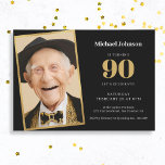 Invitation Photo personnalisée Black and Gold 90th Birthday P<br><div class="desc">Photo personnalisée Black and Gold 90th Birthday Party Invitation. Fêtez un jalon dans le style avec notre design d'invitation qui allie harmonieusement simplicité et sophistication. La combinaison intemporelle de noir et d'or donne le ton à une affaire élégante, assurant votre anniversaire d'étape est un événement vraiment classe. Le design comprend...</div>