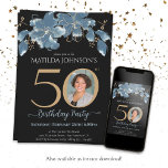 Invitation Photo personnalisée Blue Gold Floral 50e anniversa<br><div class="desc">Photo personnalisée Blue Gold Floral Invitation du 50e anniversaire. Invitation simple et moderne à la fête d'anniversaire avec florale bleu aquarelle et accents or. Cette conception comporte également une photo personnalisée de la personne d'anniversaire. Vous avez besoin d'aide avec ce modèle ? Contactez le concepteur en cliquant sur le bouton...</div>