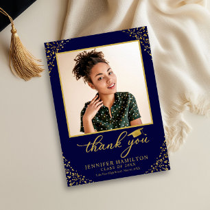 Invitation Photo personnalisée Blue Gold Merci de graduation