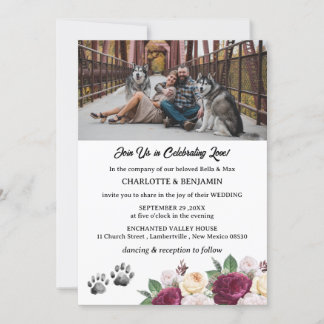 Invitation Photo personnalisée Burgundy Floral Chien Mariage