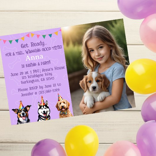 Invitation Photo personnalisée Chien chiot violet Anniversair