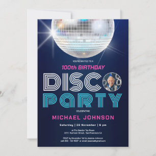 Invitation Photo personnalisée Disco Party Retro 100e anniver
