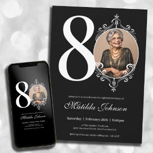 Invitation Photo personnalisée en noir et blanc 80e anniversa