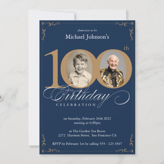 Invitation Photo personnalisée en or bleu marine 100e fête d' (Devant)