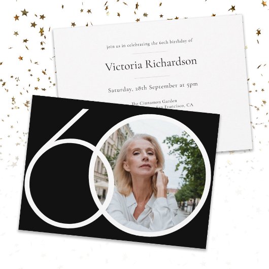 Invitation Photo personnalisée minimaliste noir blanc 60e ann
