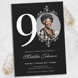 Invitation Photo personnalisée noir blanc classique 90e anniv