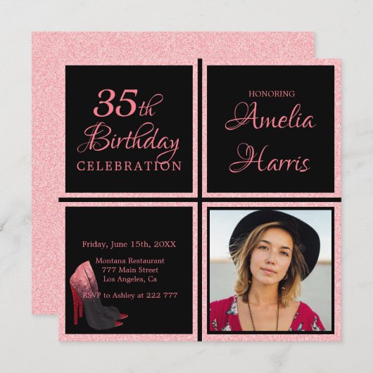 Invitation Photo personnalisée Parties scintillant rose (Devant / Derrière)