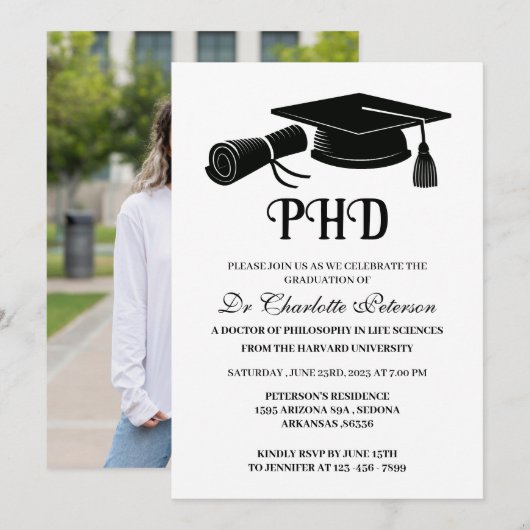Invitation Photo personnalisée simple Doctorat PHD (Devant / Derrière)