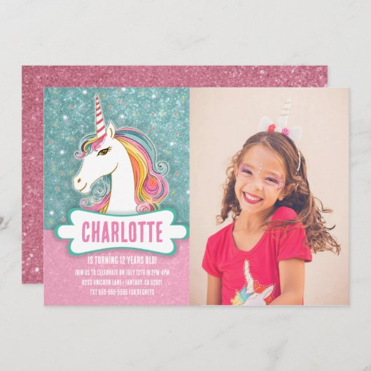 Invitation Photo Pink and Blue Unicorn Anniversaire Party (Devant / Derrière)
