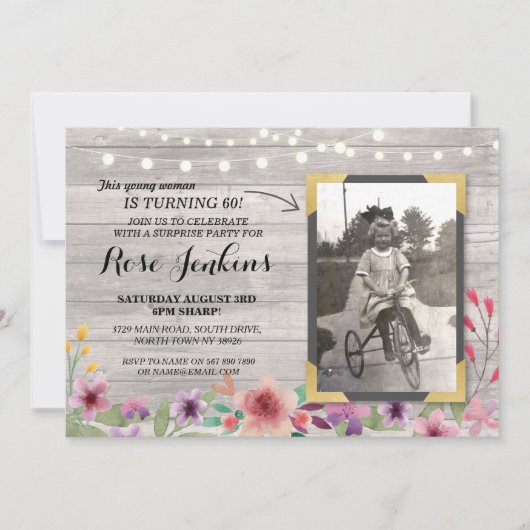 Invitation Photo Pink Anniversaire Floral Rustic Bois Invitat (Devant)