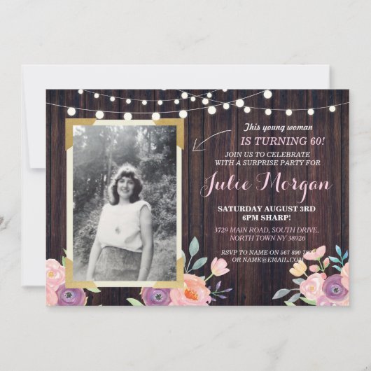 Invitation Photo Pink Anniversaire Floral Rustic Bois Invitat (Devant)