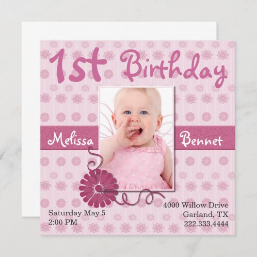 Invitation photo Pink Baby pour le premier anniver (Devant / Derrière)