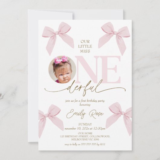 Invitation Photo Pink Bow Little Miss Onederful 1er anniversa (Devant)