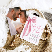 Invitation Photo Pink Bow She's Tying the Knot Fête des marié